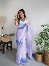 Vachi Elegant Floral Printed Cutwork Pure Organza Lavender Saree